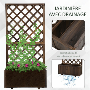 Jardinière avec treillis - bac à fleurs - jardinière sur pied - dim. 72,5L x 31,5l x 149,5H cm inserts d'irrigation inclus bois sapin traité carbonisation