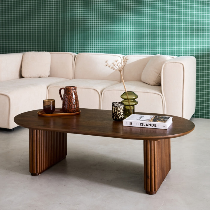 Table basse ovale bois d'hévéa placage chêne GABRIELLE