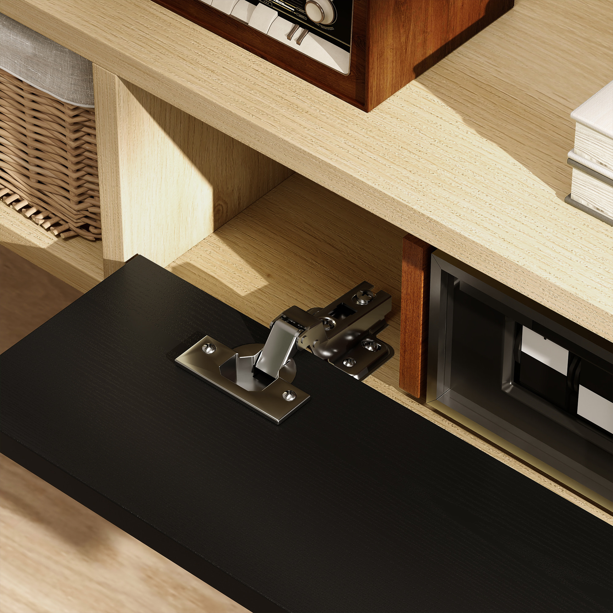 Meuble TV suspendu 120cm - porte, 2 niches, espace routeur, passe-fils - effet bois clair noir