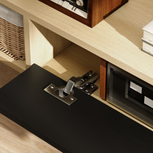 Meuble TV suspendu 120cm - porte, 2 niches, espace routeur, passe-fils - effet bois clair noir