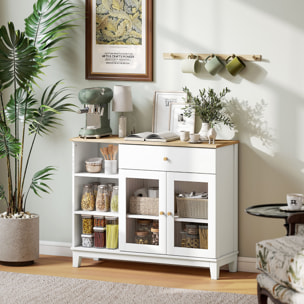 Aparador 2 Puertas de Vidrio Aparador para Salón Moderno con Cajón Compartimentos Abiertos y Estantes Ajustables para Comedor Entrada Blanco 100x35x80,3 cm