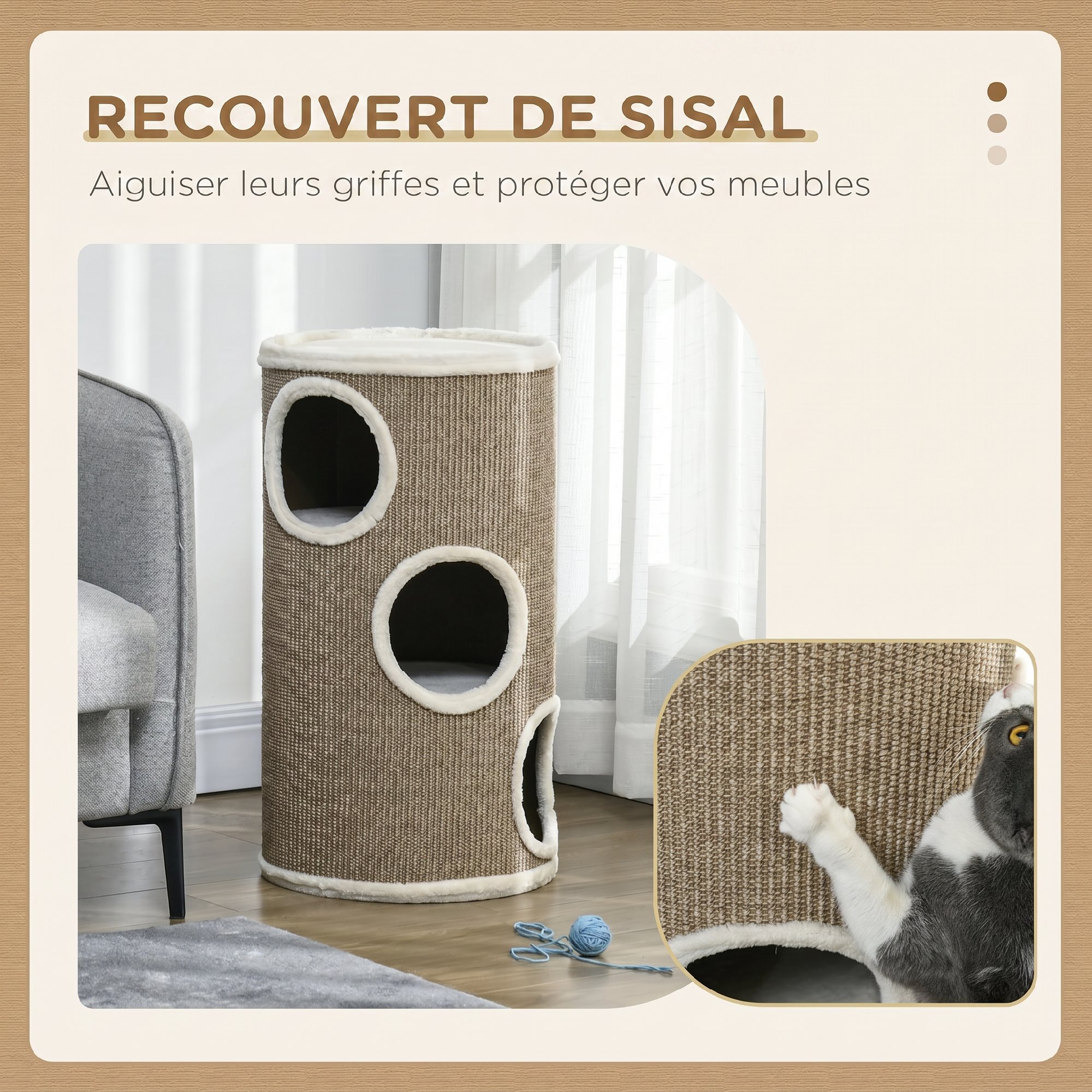 Arbre à chat cylindrique - tour à griffer pour chat - tonneau griffoir - 3 niveaux + plateforme - sisal peluche brun clair