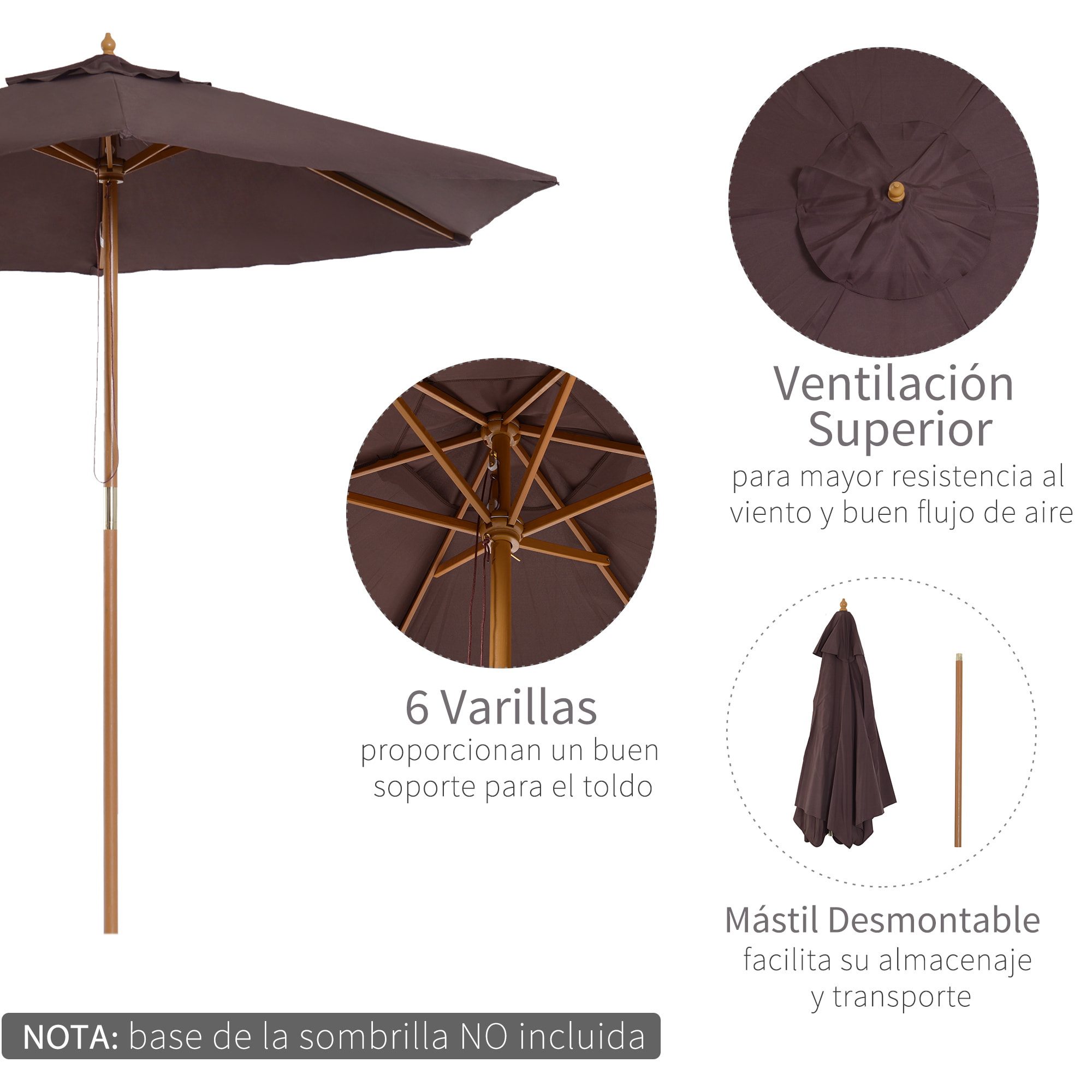 Sombrilla Tejido de Poliester y Madera Ø2,5x2,25m Café