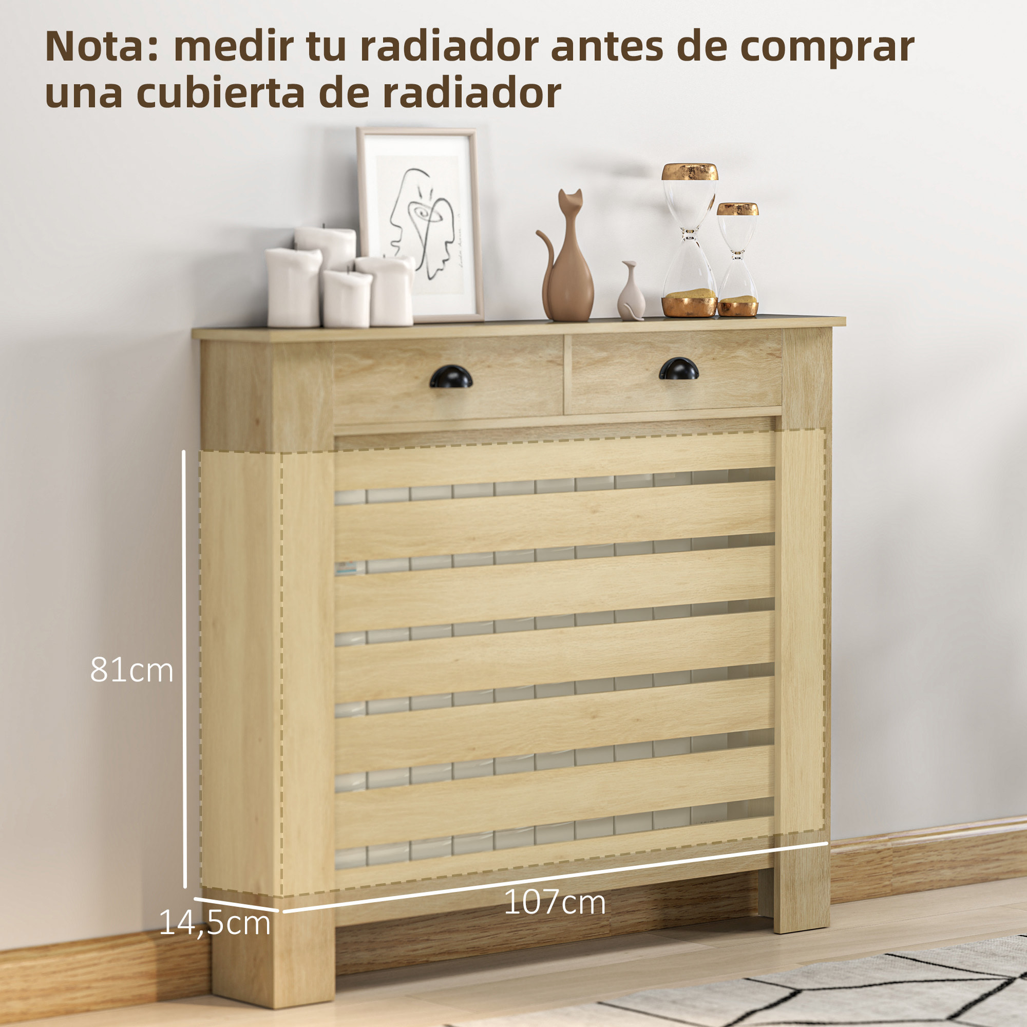 Cubre Radiadores con Cajón Cubreradiador de MDF Cubierta para Radiador para Salón Dormitorio Pasillo 111x19x95,5 cm Roble