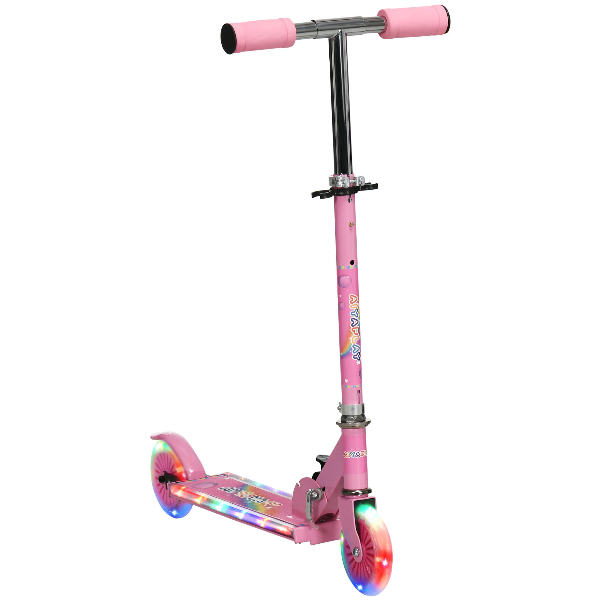 Trottinette pliable enfant à partir de 3 ans roues repose-pied LED frein à friction arrière hauteur guidon réglable 4 niv. métal rose