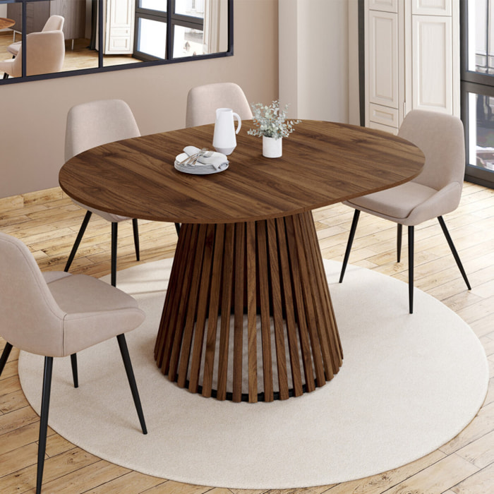 Table à manger ronde extensible Camélia effet noyer et pied lattes Ø110-150cm