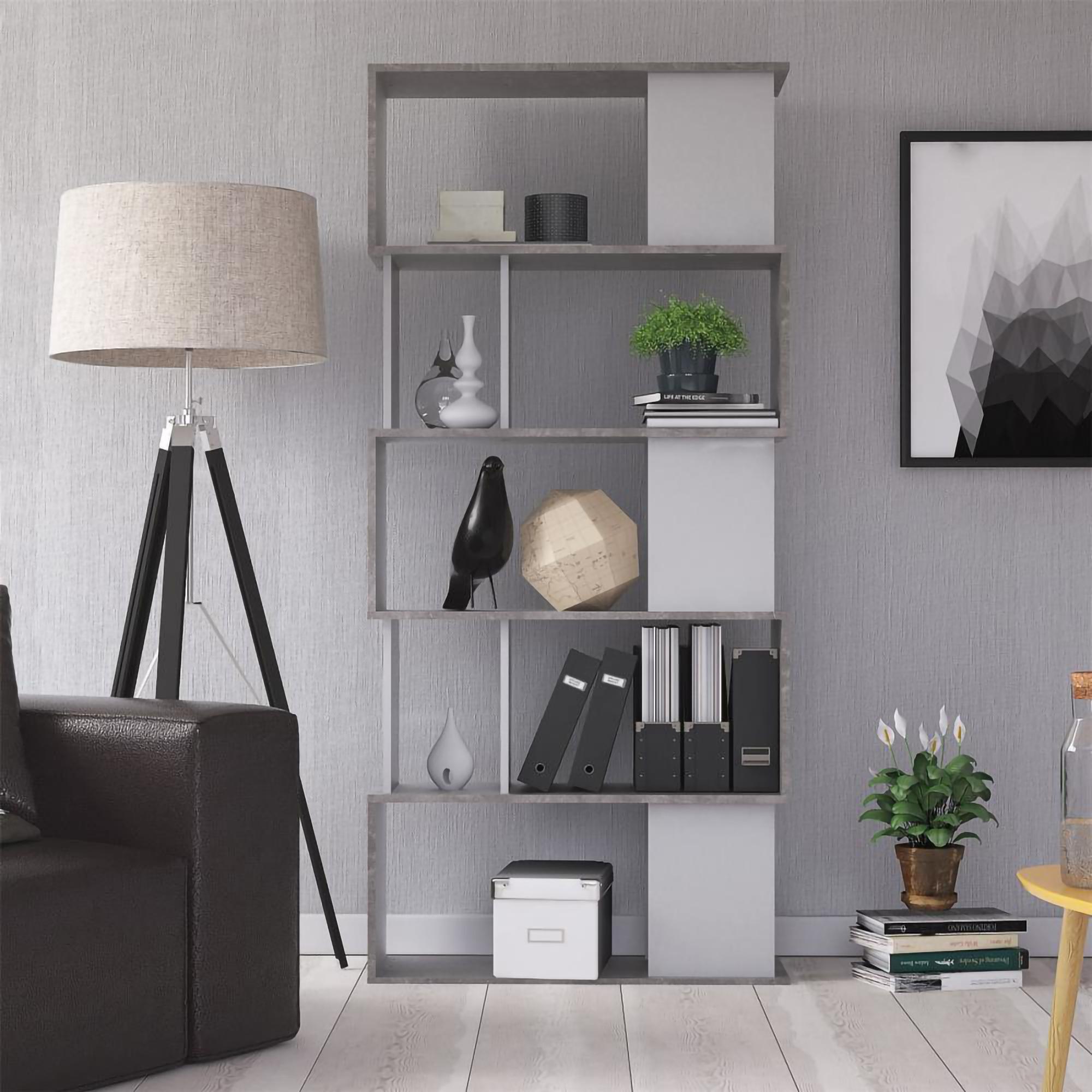 Libreria con 5 ripiani asimmetrici, colore bianco e grigio, Misure 80 x 175 x 29,5 cm