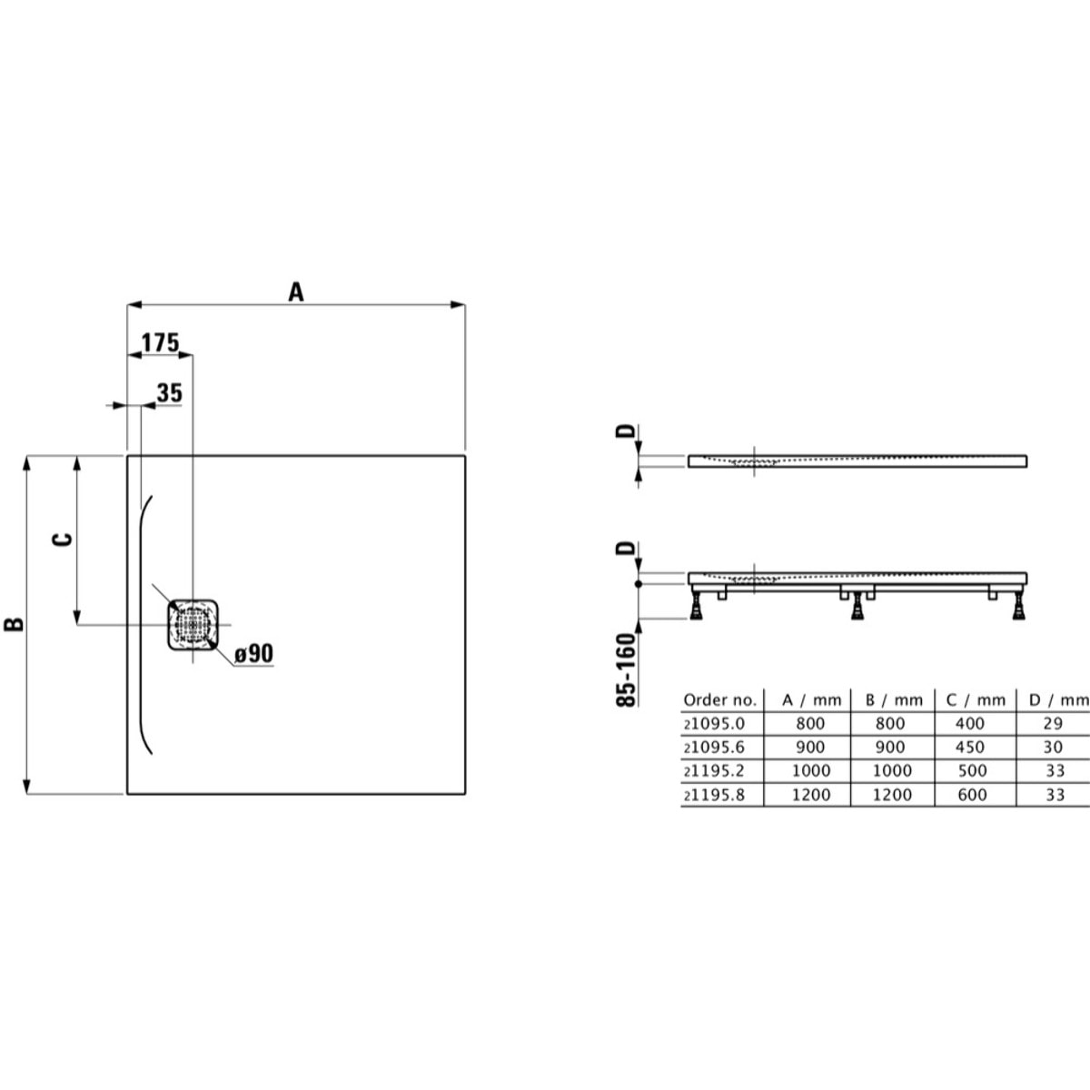 Pro Receveur de douche en gel coat Marbond, extra-plat, carré, évacuation sur le côté 90x90, Blanc mat (H2109560000001)