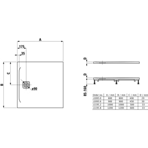 Pro Receveur de douche en gel coat Marbond, extra-plat, carré, évacuation sur le côté 90x90, Blanc mat (H2109560000001)
