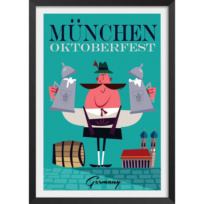 Poster retro munchen Affiche + cadre en bois - Noir