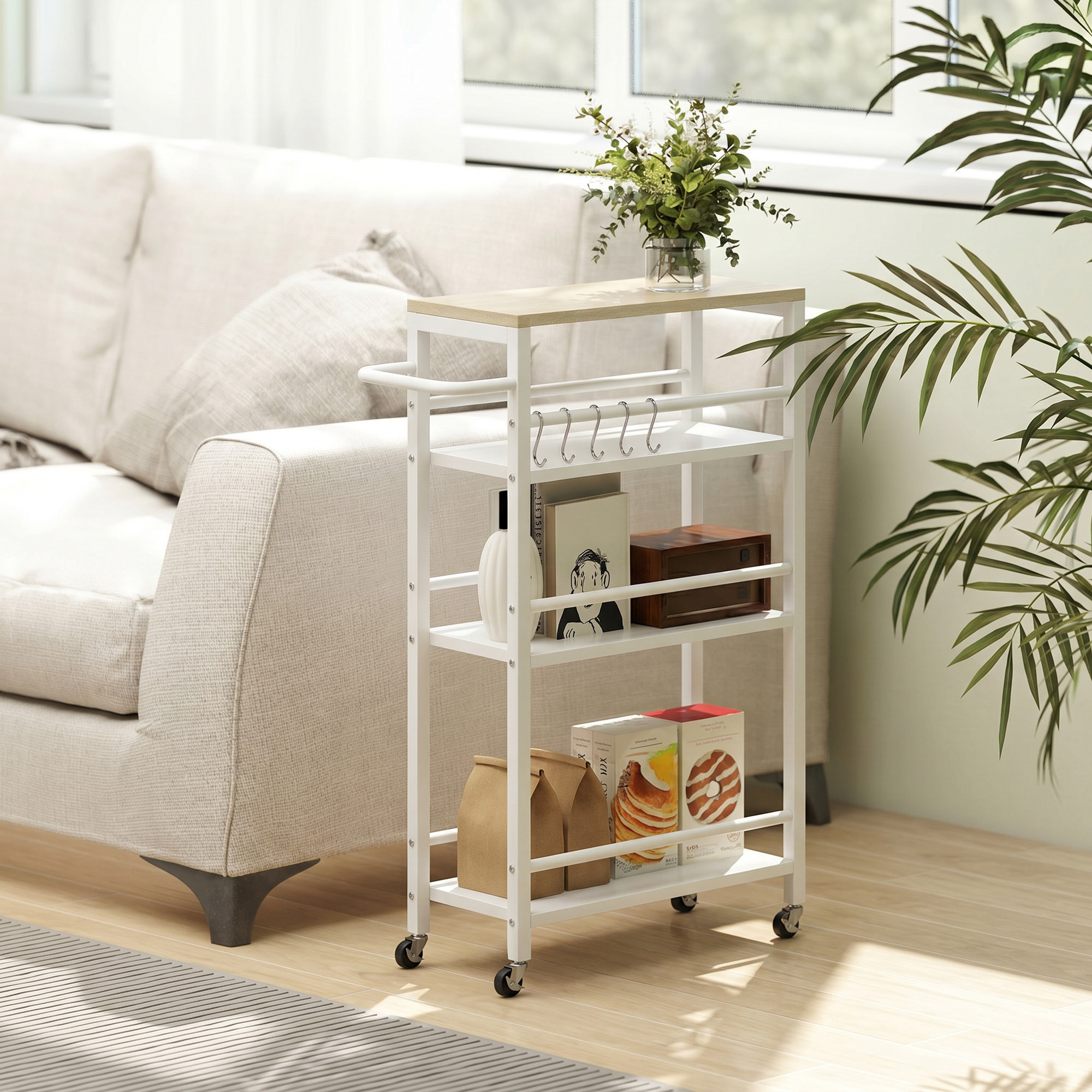 Carrito Auxiliar con Ruedas de 4 Niveles, Carrito de Cocina con Toallero y 6 Ganchos, Estrecho para Espacios Pequeños, Verduras, Frutas, para Comedor, 50x20x81 cm, Roble