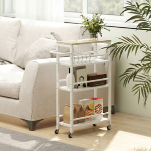 Carrito Auxiliar con Ruedas de 4 Niveles, Carrito de Cocina con Toallero y 6 Ganchos, Estrecho para Espacios Pequeños, Verduras, Frutas, para Comedor, 50x20x81 cm, Roble