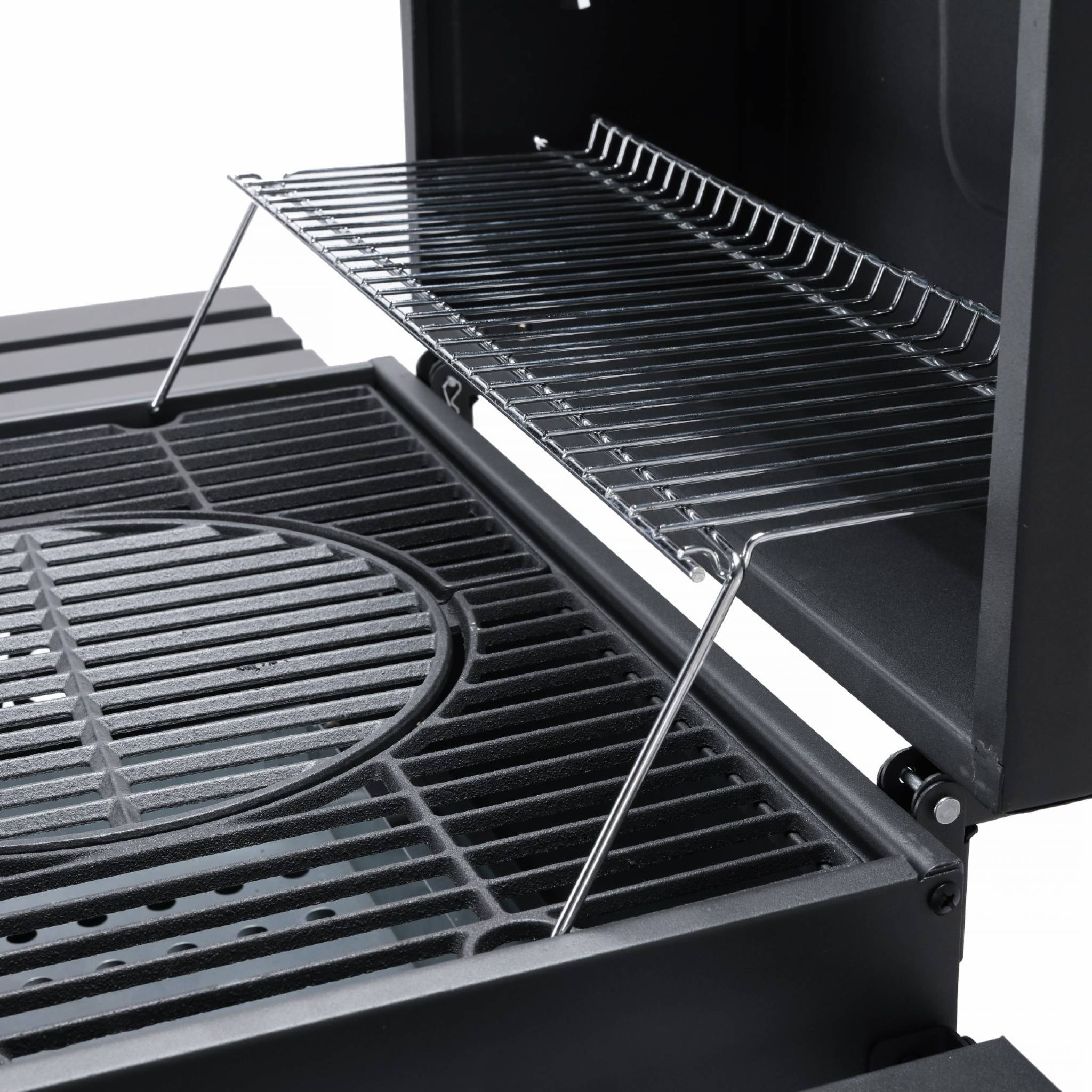 Barbecue Grill charbon de bois noir - Fumoir avec récupérateur de cendres. aérateurs. bac charbon ajustable et tablettes rabattables