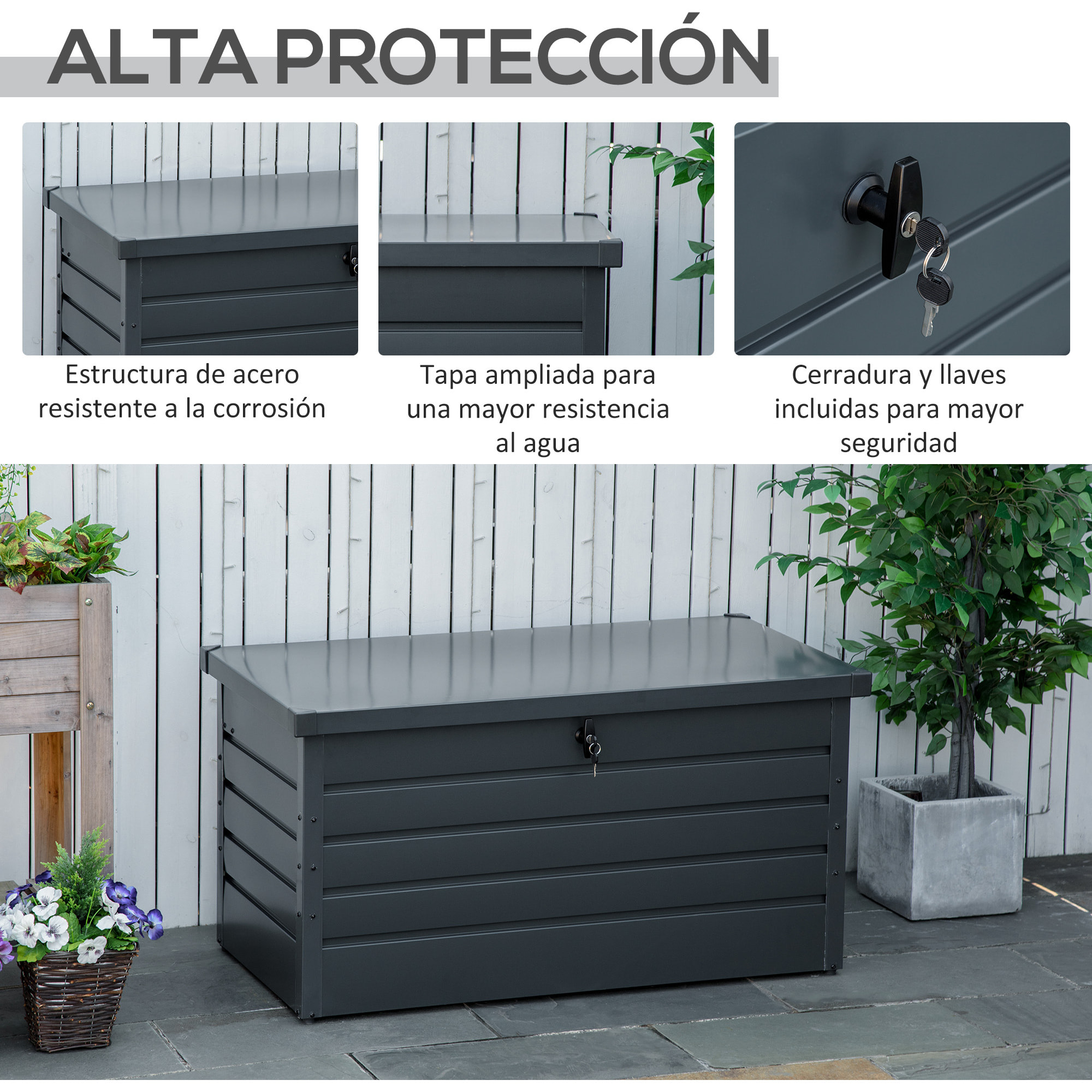 Arcón Exterior Capacidad 311L Baúl de Almacenaje de Acero con Cerradura Llave Pistones Neumáticos para Jardín Terraza Patio 120x62x62 cm Gris Oscuro