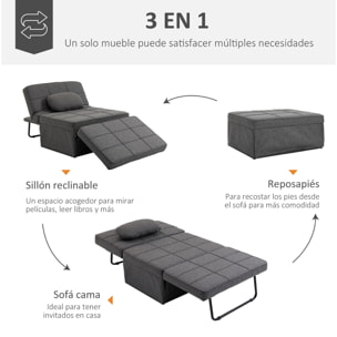 3 en 1 Sofá Cama Individual Tapizada en Lino Sillón Reclinable 95x189x43 cm Gris