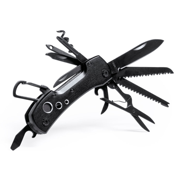 Coltello multiuso Komit con accessori in acciaio inossidabile e manico in alluminio. Con 13 funzioni.