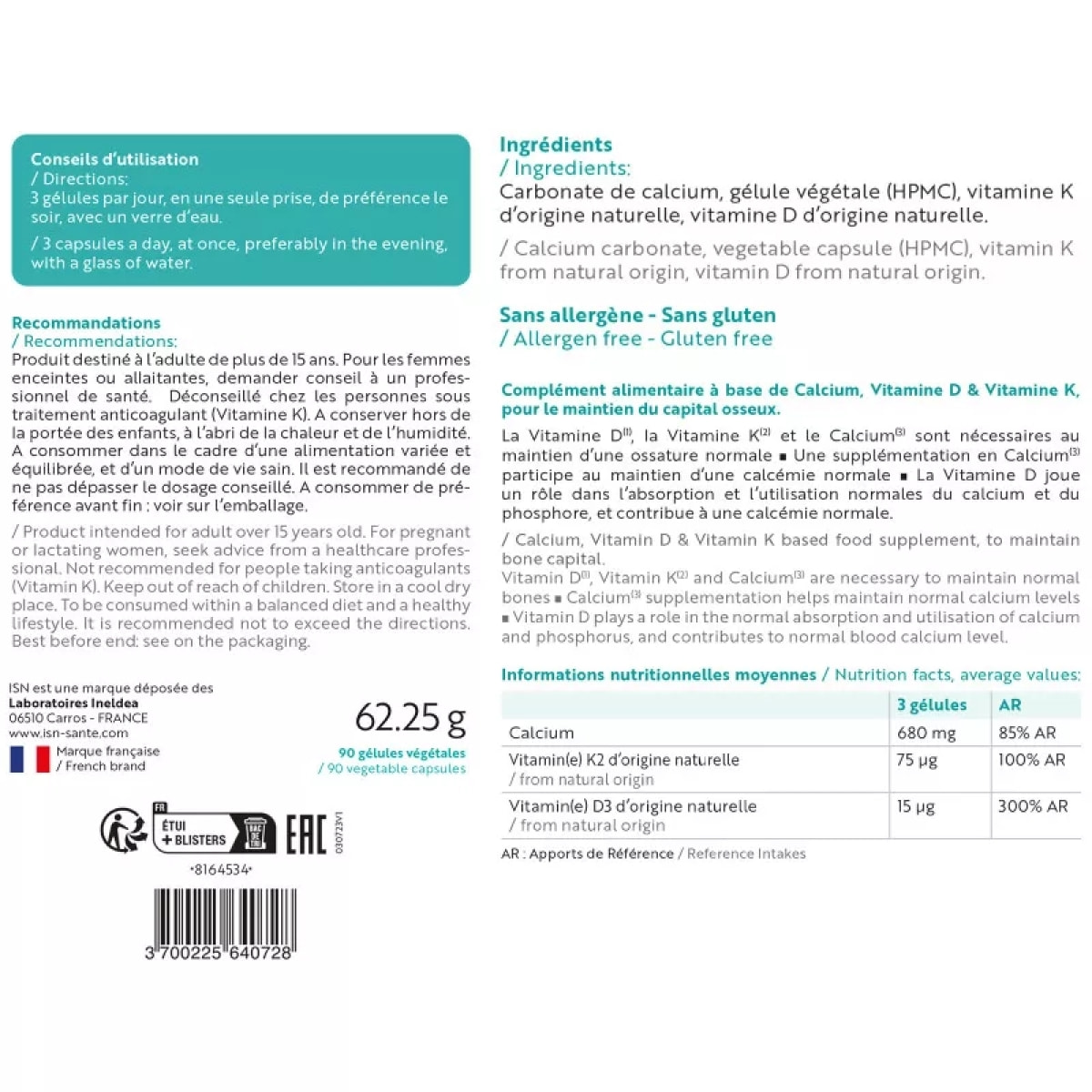 INELDEA SANTE NATURELLE - OSTEOBIOL - Maintien de la densité osseuse - Riche en calcium, vitamines D3 et K2- 90 gélules - Cure de 30 j