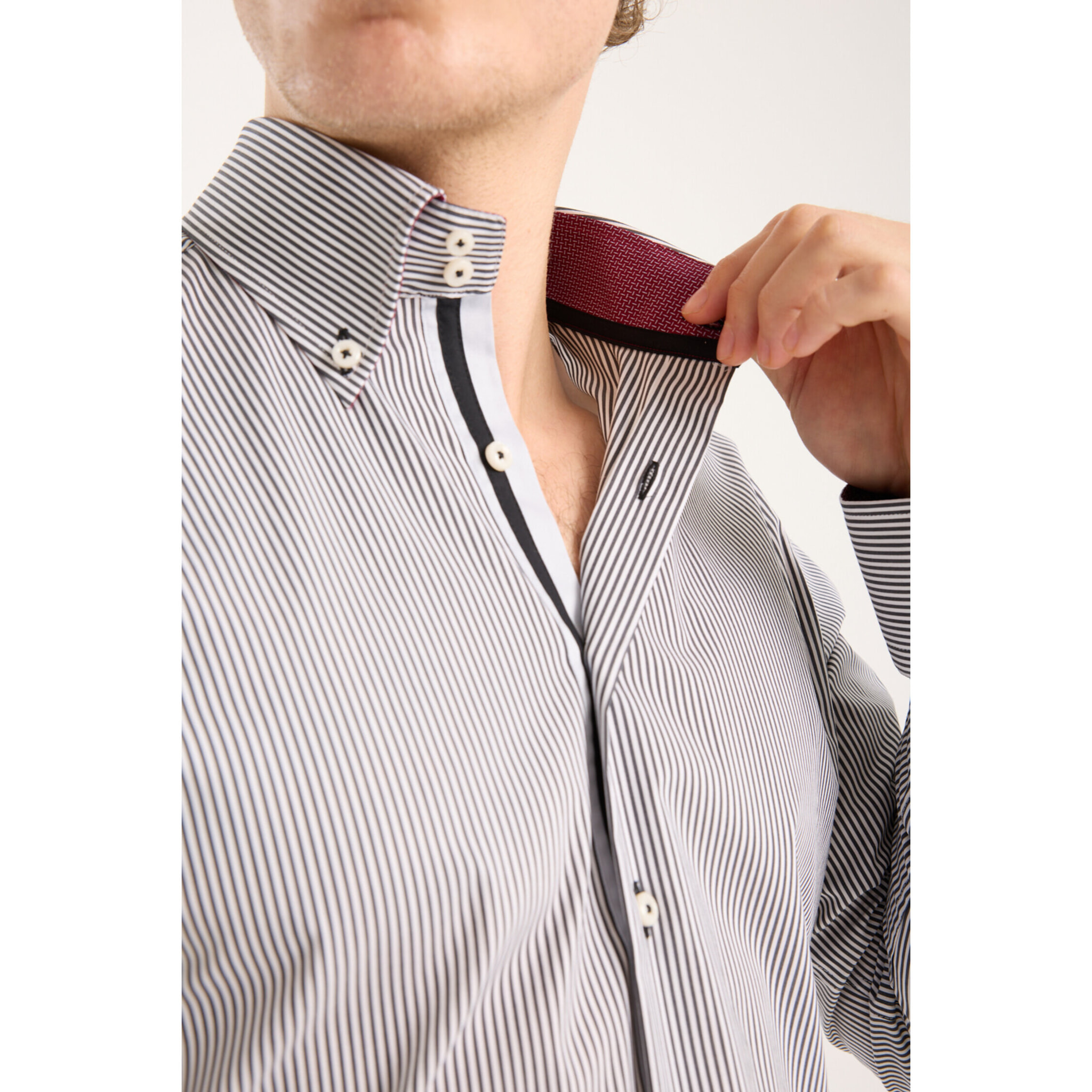 Camicia Uomo 2 Bottoni Button Down Slim Popeline Riga Media Bianco/Nero