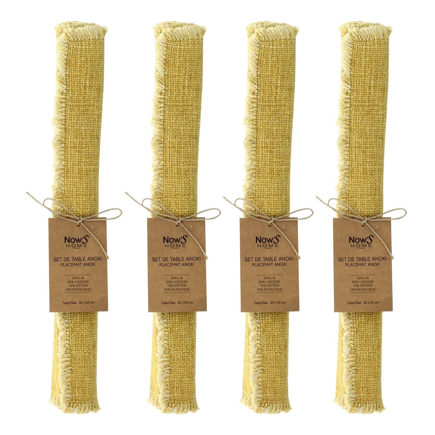 LOT DE 4 SETS DE TABLE FRANGÉS TISSU UNI JAUNE MIMOSA 38X54CM ANOKI