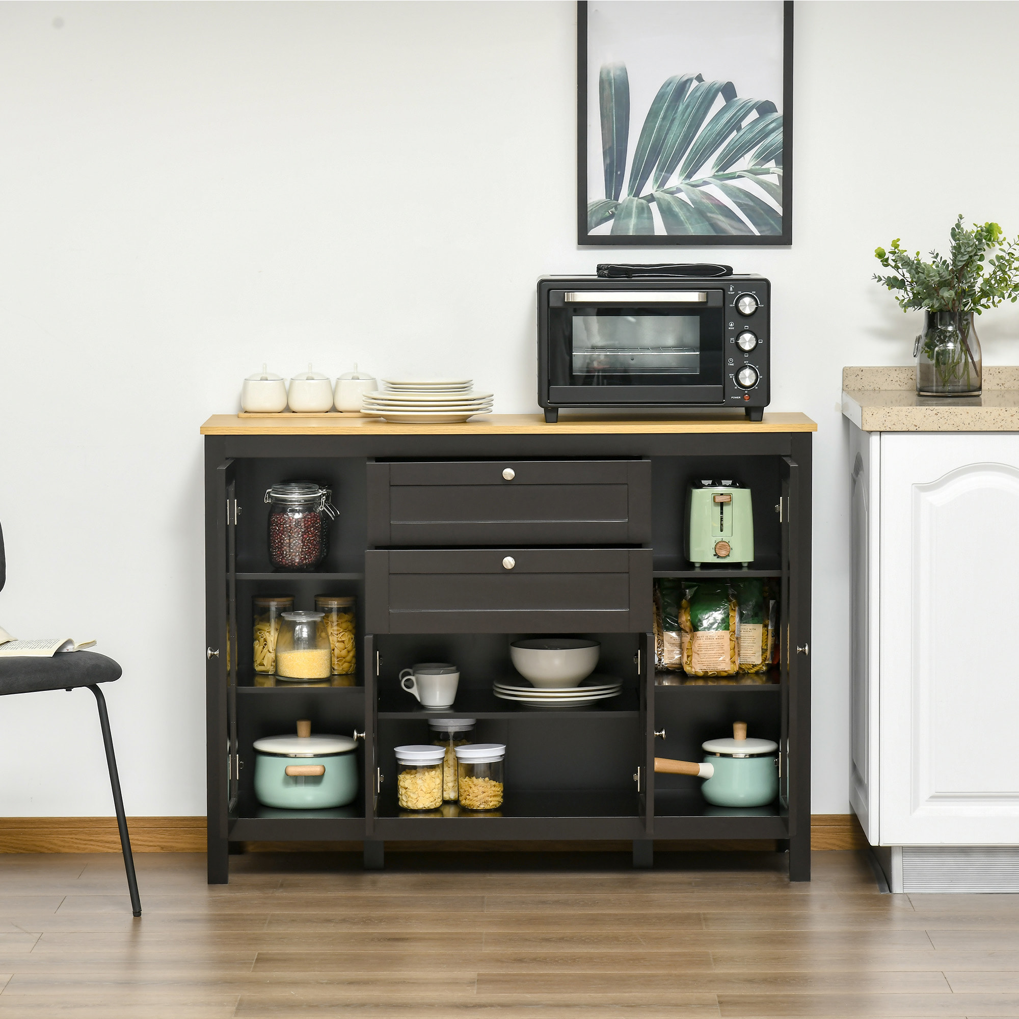 Buffet style classique chic multi-rangement 2 portes 2 étagères réglables 2 tiroirs coulissants placard 2 portes MDF noir plateau aspect bois clair