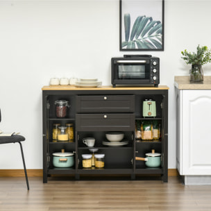 Buffet style classique chic multi-rangement 2 portes 2 étagères réglables 2 tiroirs coulissants placard 2 portes MDF noir plateau aspect bois clair