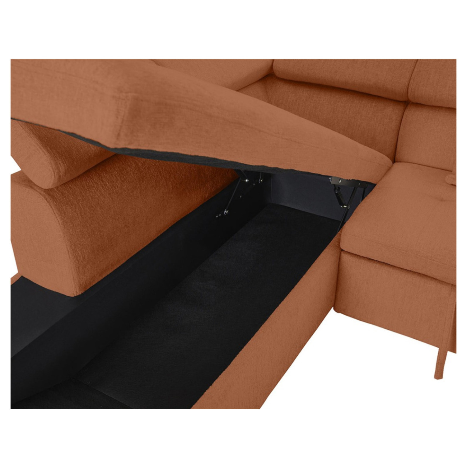 Margaux - Canapé d'angle gauche 5 places convertible avec coffre et têtières réglables en velours texturé - Terracotta