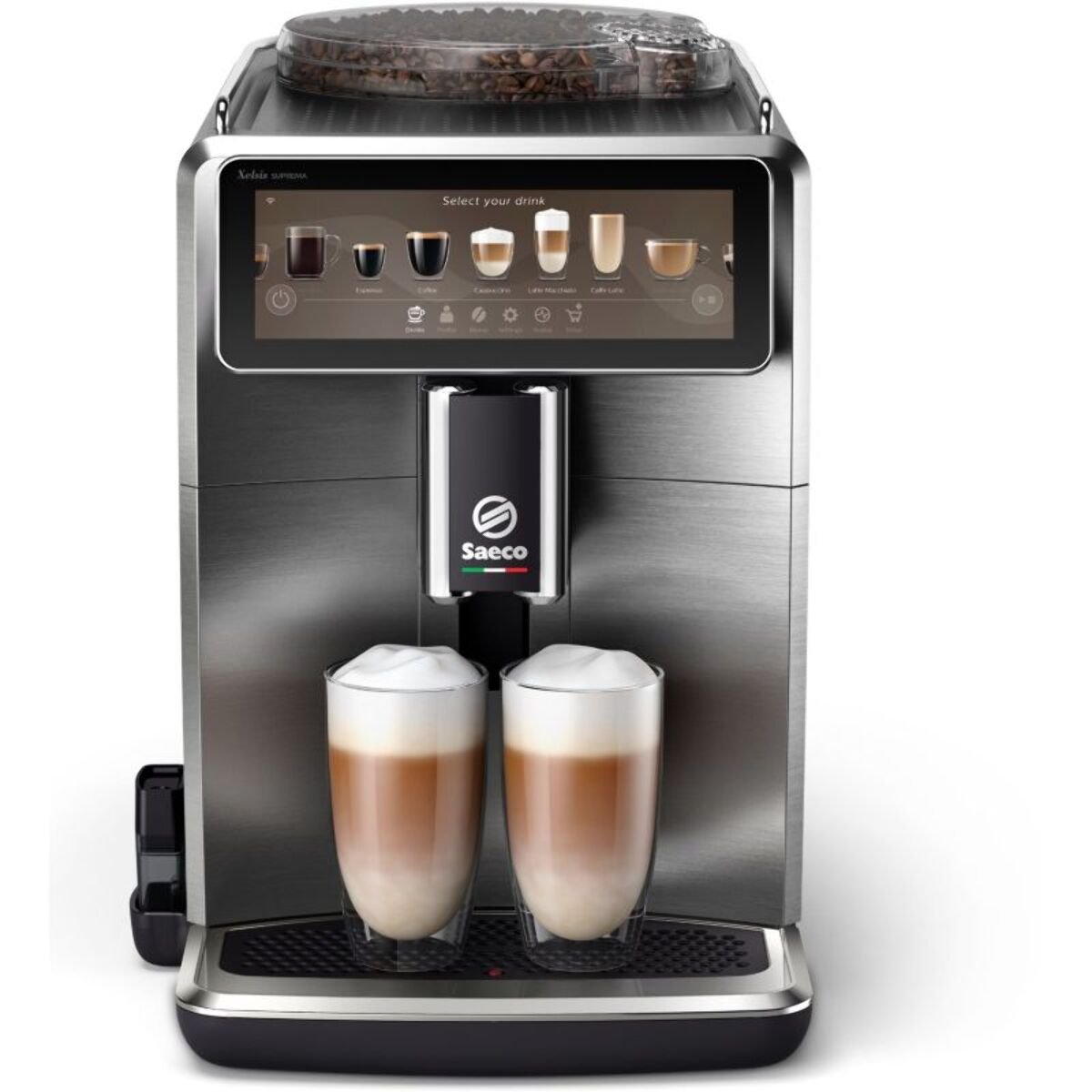 Expresso Broyeur SAECO SM8889 Cafetière à grain Xelsis Supréma en métal, connectée, avec carafe à lait