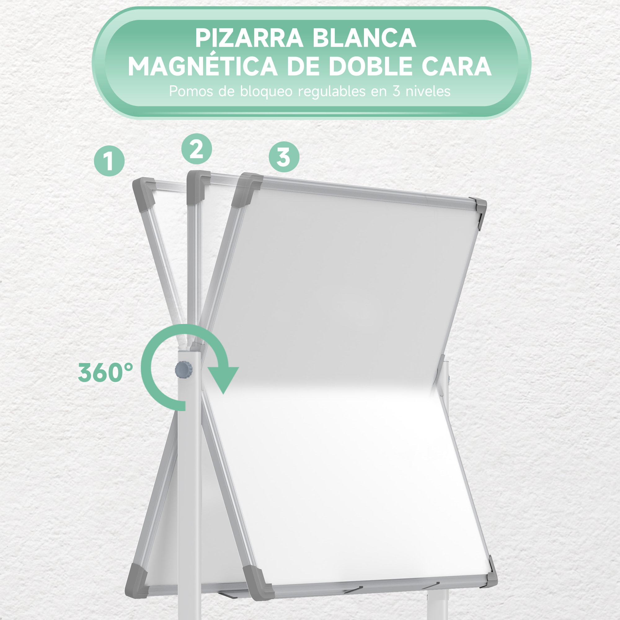 Pizarra Blanca Móvil de Doble Cara, 120x90 cm, Pizarra Blanca Magnética Giro de 360 °, con Soporte, Tablero Inclinado en 3 Niveles, Marco de Aluminio, Ruedas, Rotuladores, Imanes, Borrador