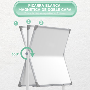 Pizarra Blanca Móvil de Doble Cara, 120x90 cm, Pizarra Blanca Magnética Giro de 360 °, con Soporte, Tablero Inclinado en 3 Niveles, Marco de Aluminio, Ruedas, Rotuladores, Imanes, Borrador