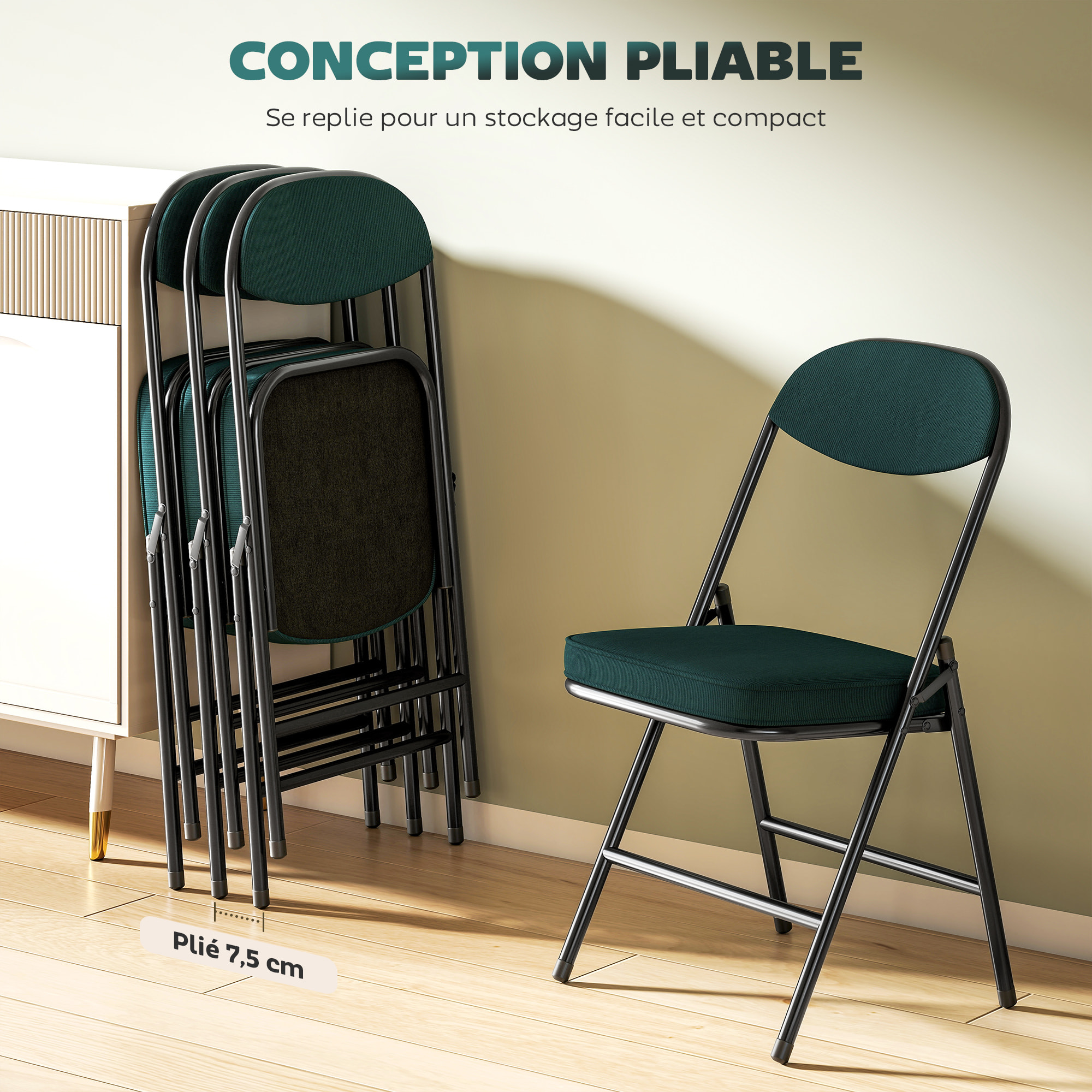 Lot de 4 chaises pliantes acier velours côtelé turquoise foncé