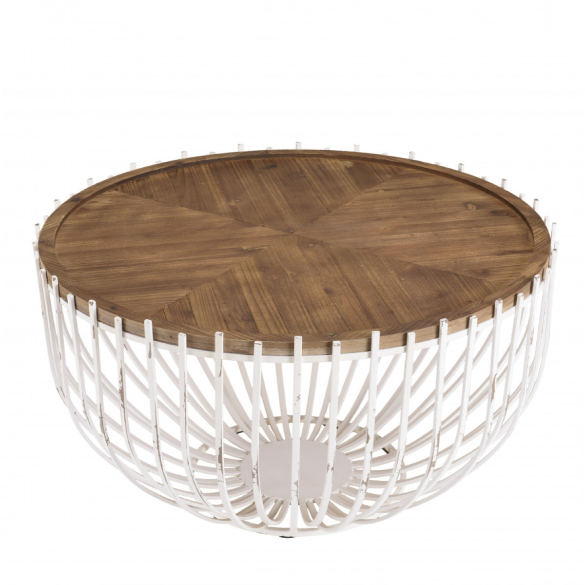 VICTOIRE - Table basse ronde 83x83cm plateau naturel piètement en métal blanc vieilli ajouré