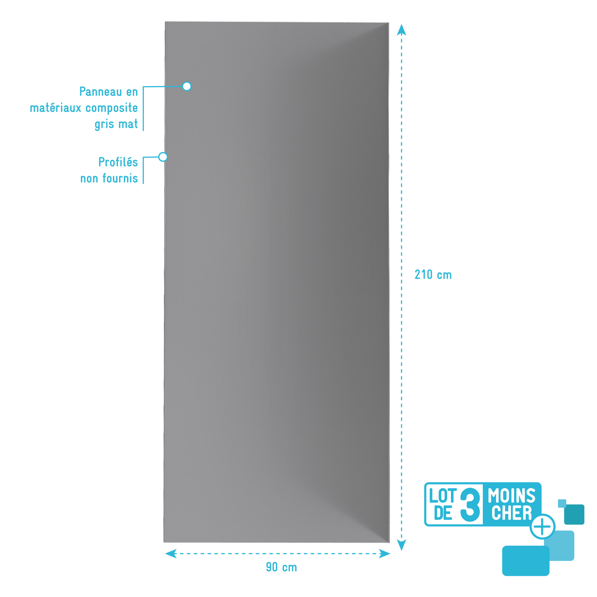 LOT de 3 Panneaux Muraux pour salle de bains en Aluminium Gris - 90x210cm - WALL'IT