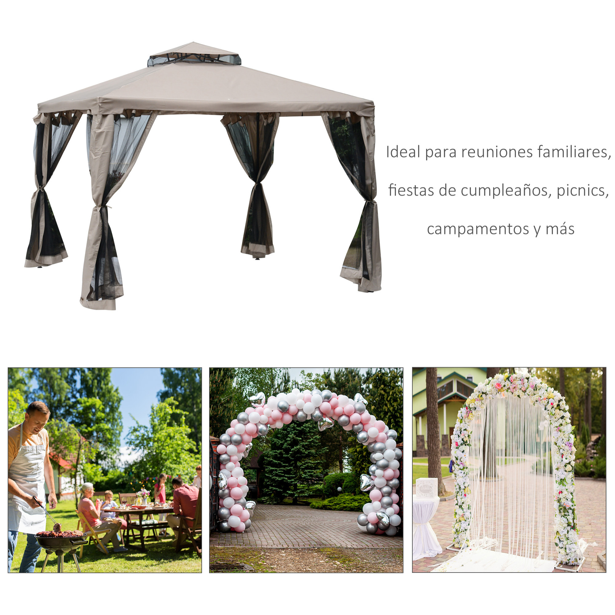 Cenador de Jardín 3x3m con Doble Techo 4 Cortinas Mosquiteras para Patio Marrón