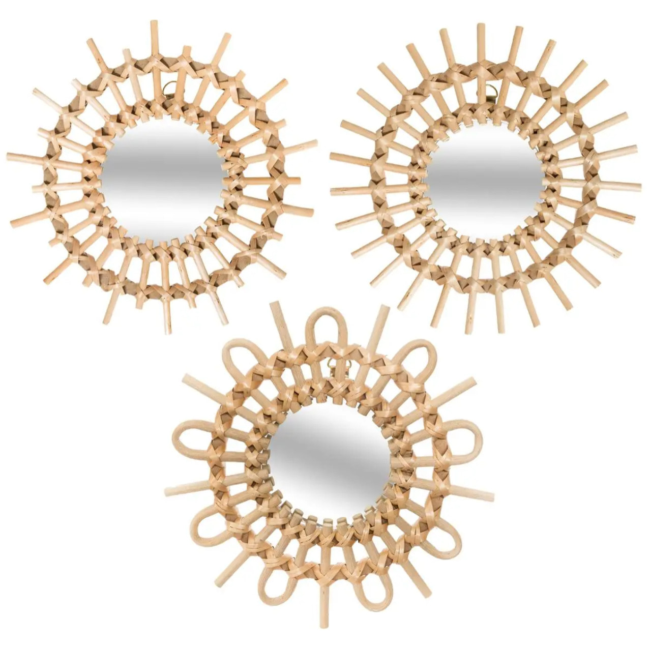 Set de 3 miroirs "Soleil" rotin D28cm