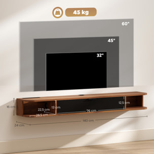 Meuble TV suspendu 140cm - porte, 2 niches, espace routeur, passe-fils - effet bois noyer noir