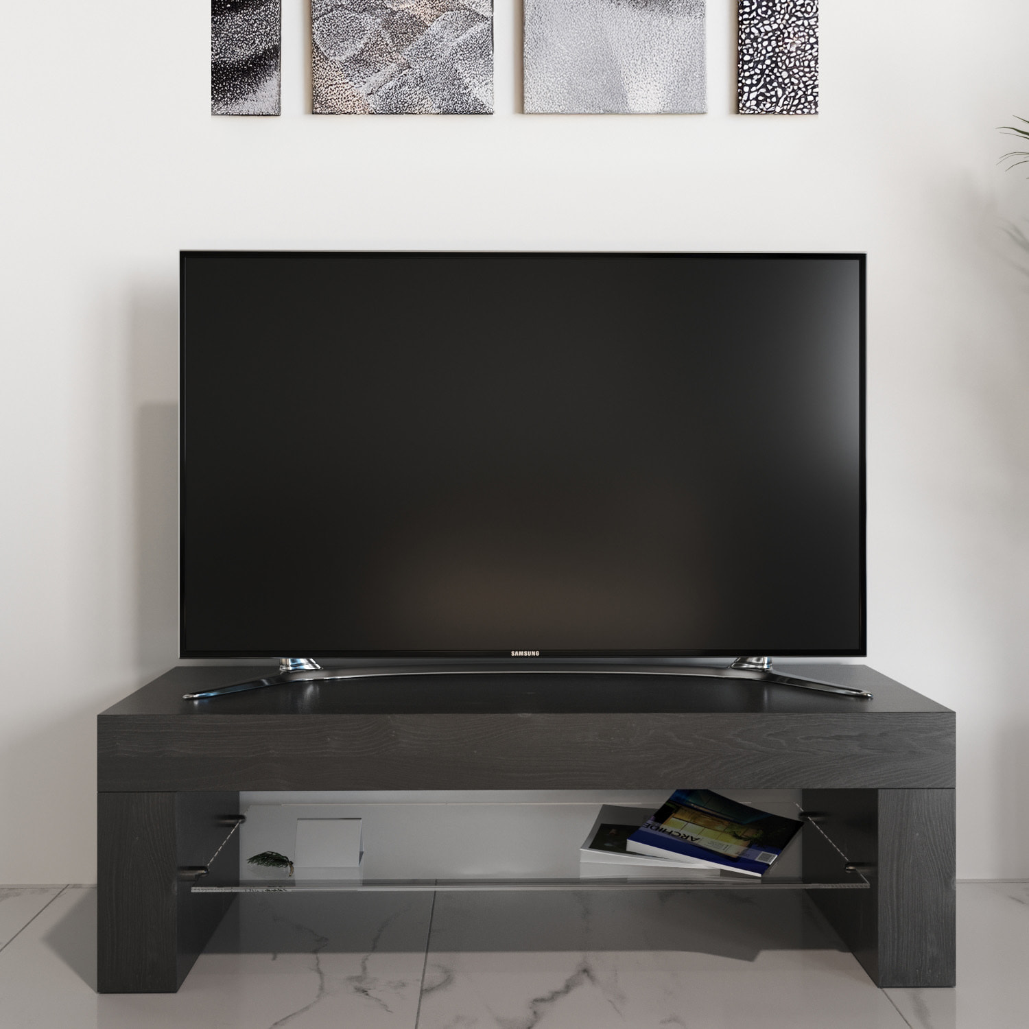 Mobile TV Salotto Soggiorno Ripiano In Vetro Base Televisione Design Arredamento Casa Moderno Ed Elegante Lujan 112 x 40 x 36 cm nero frassino