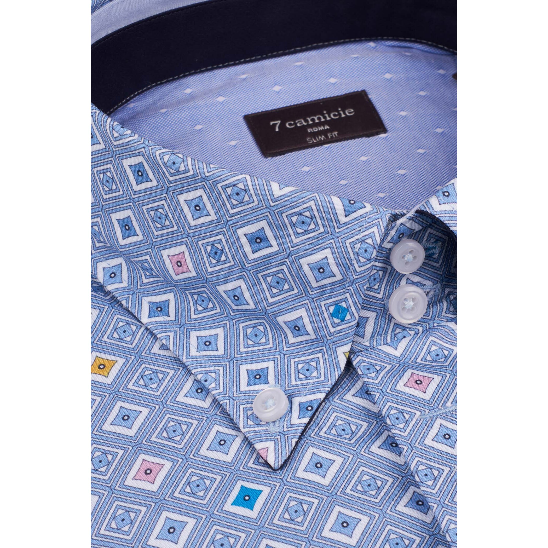 Camicia Uomo 2 Bottoni Button Down Slim Popeline Stampato Celeste/Bianco