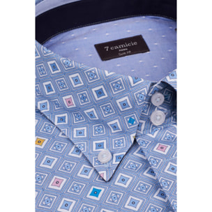Camicia Uomo 2 Bottoni Button Down Slim Popeline Stampato Celeste/Bianco