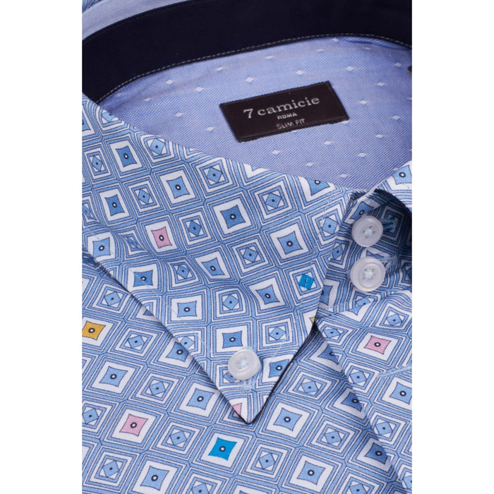 Camicia Uomo 2 Bottoni Button Down Slim Popeline Stampato Celeste/Bianco