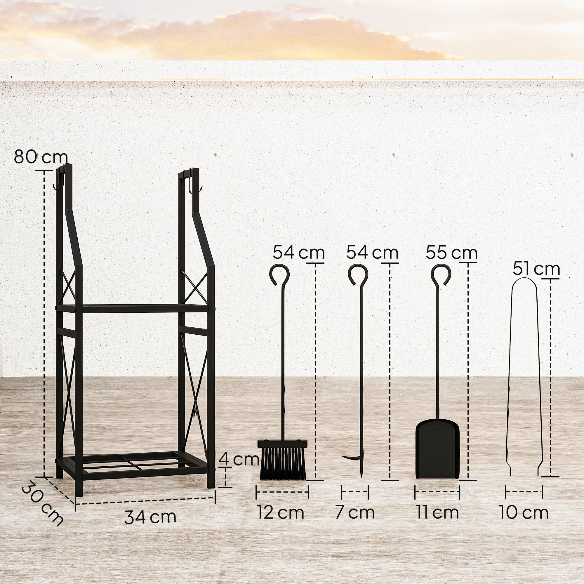 Estante de Leña Metálico de Chimenea, Soporte para Leña de 2 Niveles, Leñero Exterior con 4 Herramientas, Ganchos y Base Elevada, para Interior y Exterior, 34x30x80 cm, Negro