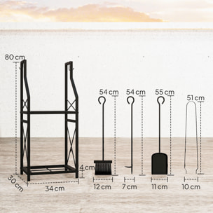 Estante de Leña Metálico de Chimenea, Soporte para Leña de 2 Niveles, Leñero Exterior con 4 Herramientas, Ganchos y Base Elevada, para Interior y Exterior, 34x30x80 cm, Negro