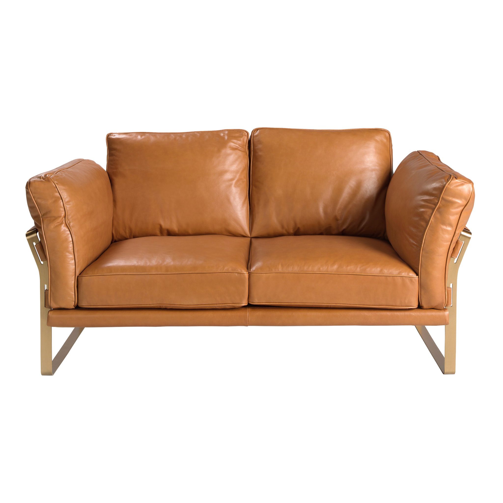 Sofá Angel Cerdá de 2 plazas tapizado en piel de origen vacuno en camel patas de acero inoxidable en dorado 160x90x84cm