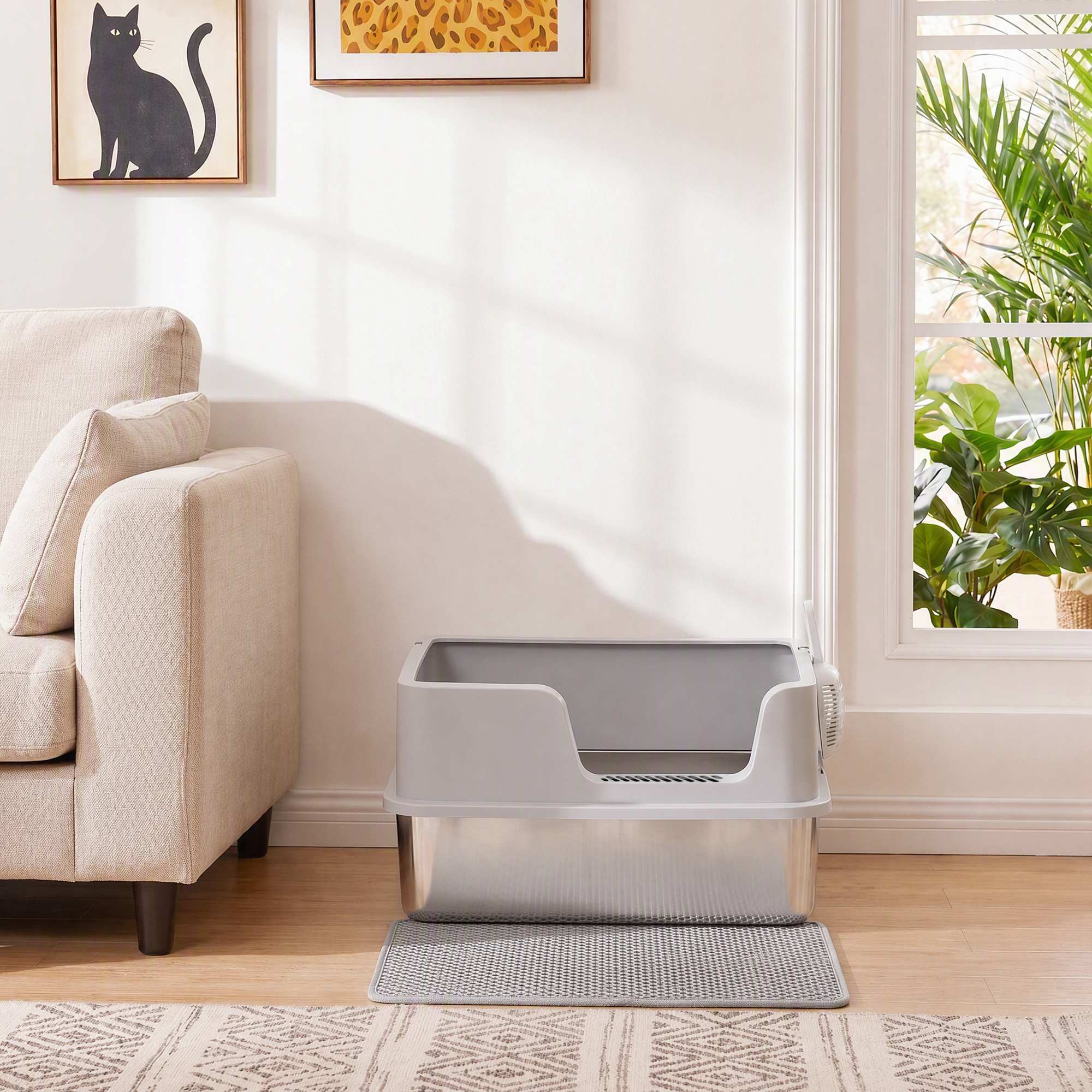 Bac à litière chat acier inox hauts rebords tapis pelle brosse