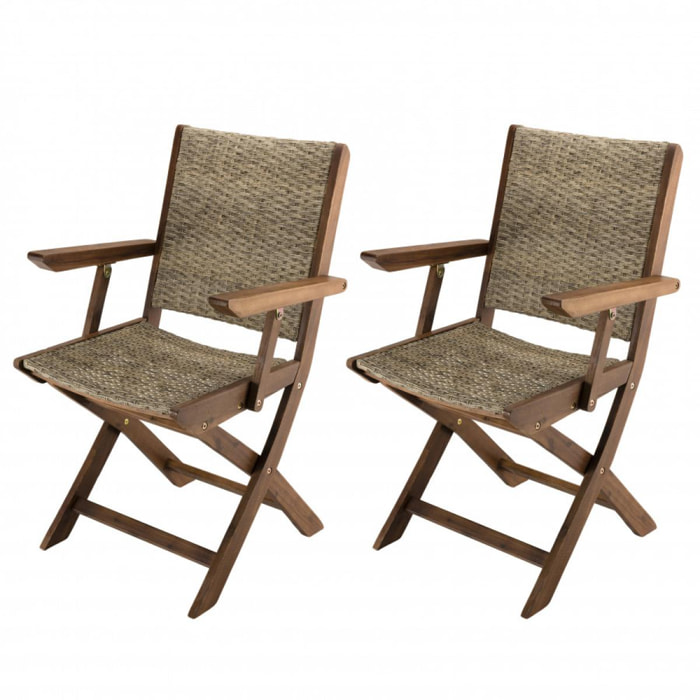 VICTOIRE - Ensemble de 2 fauteuils de jardin pliants en bois Acacia et rotin synthétique
