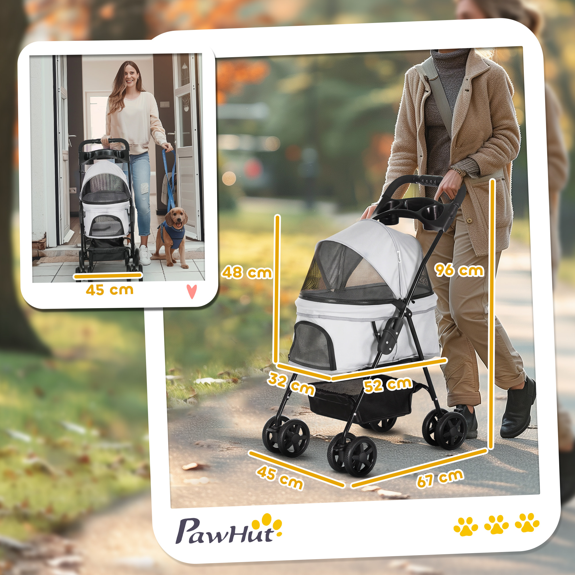 Cochecito para Perros Plegable, Carrito para Perros Pequeños de 4 Ruedas de EVA, Giratorio y Freno, Cesta, Correas de Seguridad, Capota Ajustable, Portavasos y Ventana, 67x45x96 cm, Gris Claro