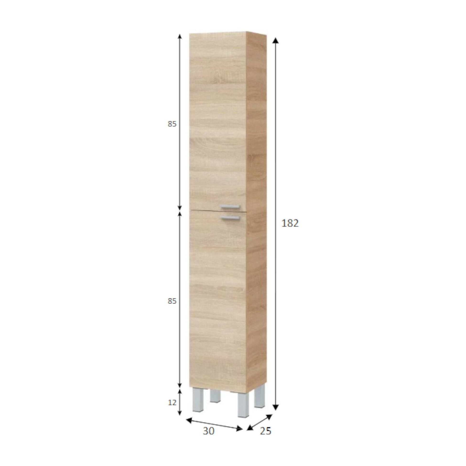 Mobile colonna Ark, Mobile per bagno a 2 ante, Armadio pensile con 2 ripiani, 30x25h182 cm, Rovere