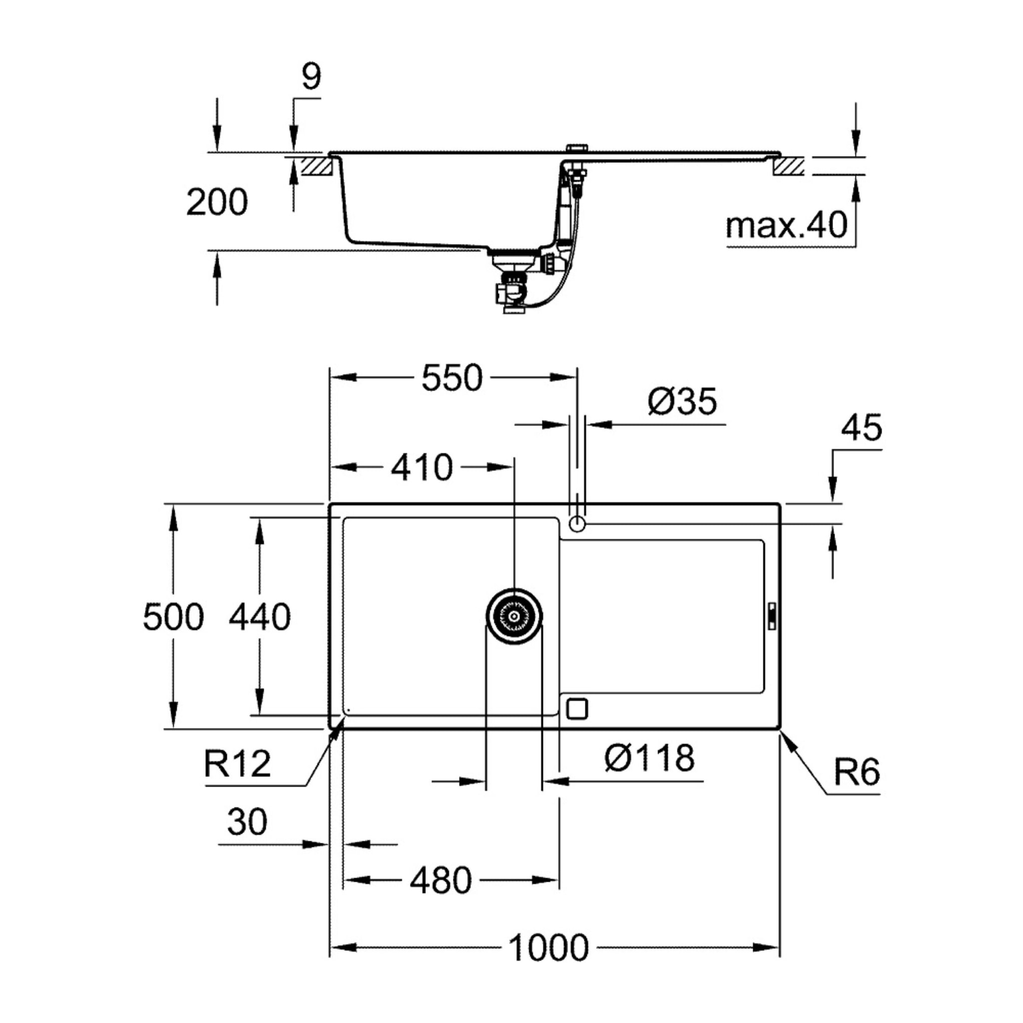 GROHE K500 Evier composite 1 bac avec égouttoir 1000mm x 500mm gris granite