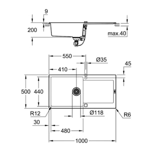 GROHE K500 Evier composite 1 bac avec égouttoir 1000mm x 500mm 31645AT0