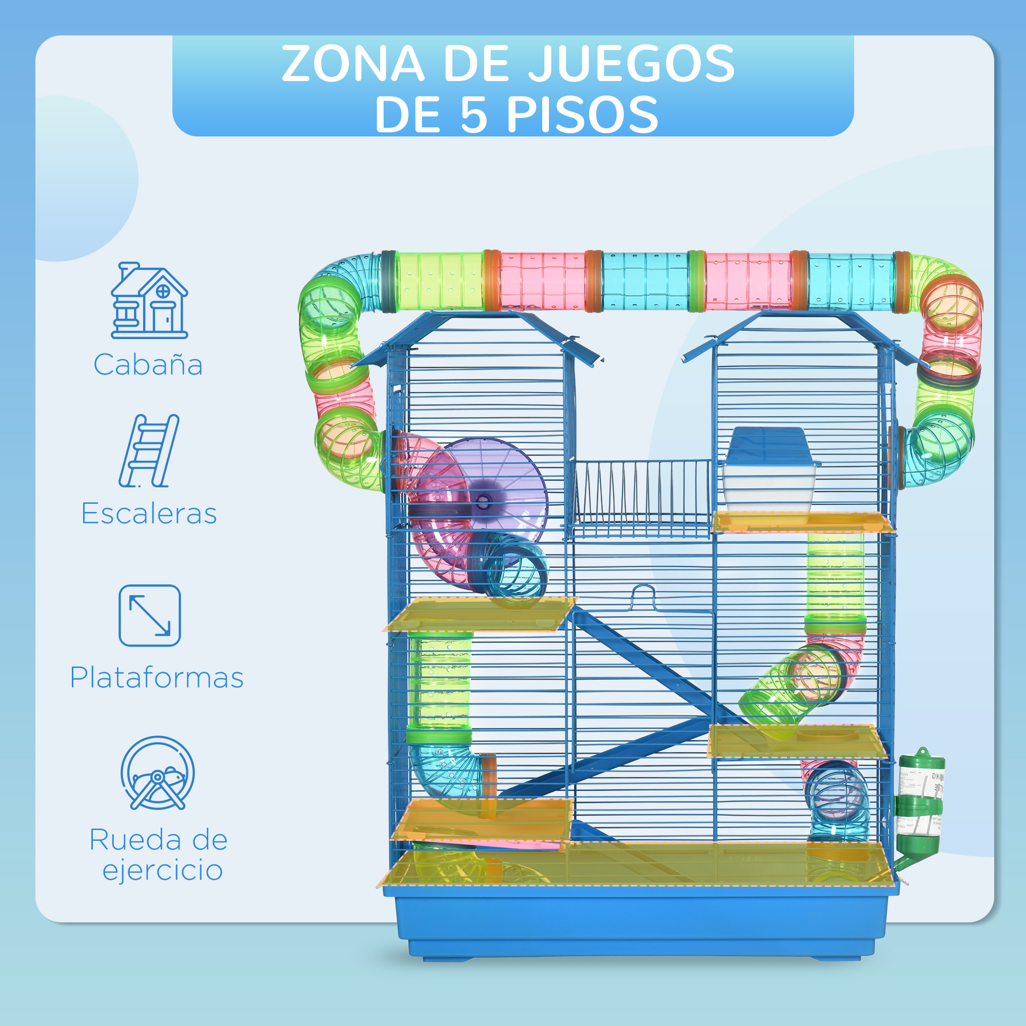 Jaula para Hámster de Múltiples Niveles con Casa Plataformas 47x30x59 cm Azul