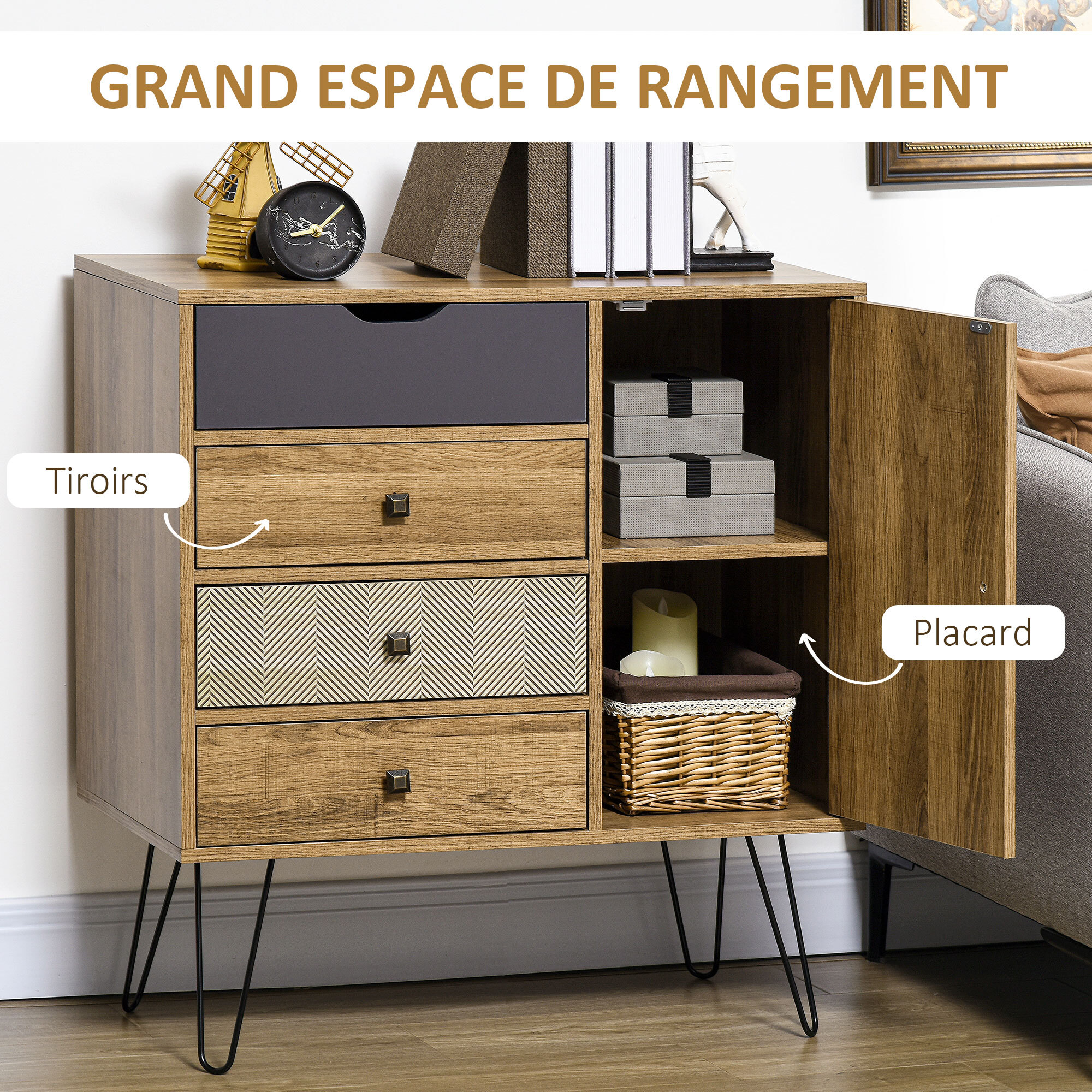 Buffet style industriel motif graphique - porte, étagère, 4 tiroirs - piètement épingle métal noir aspect bois